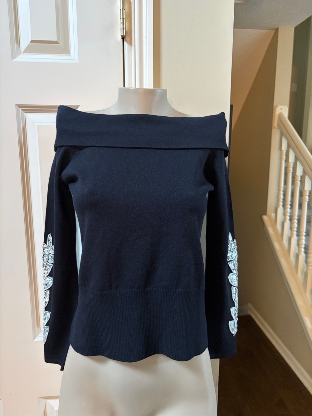 Cache Off-the-Shoulder Black Sweater with Silver Sleeve Embellishment, large